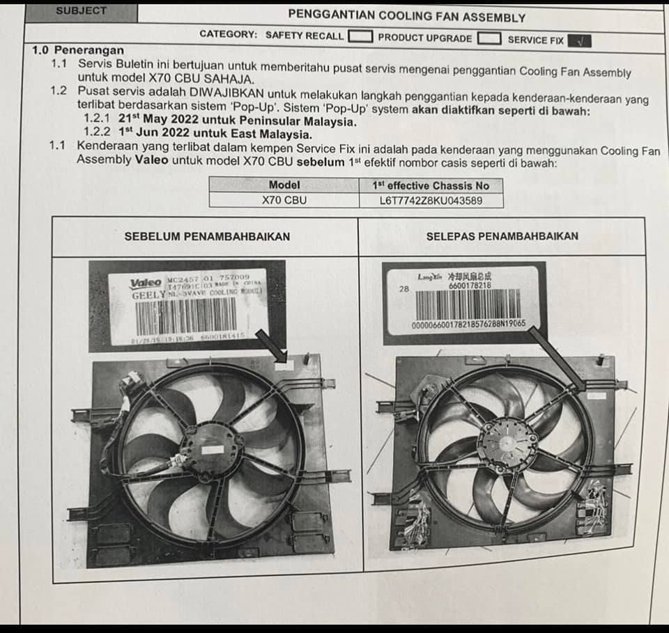 Proton X70 CBU Dipanggil Semula Tukar Ganti Kipas Radiator Secara