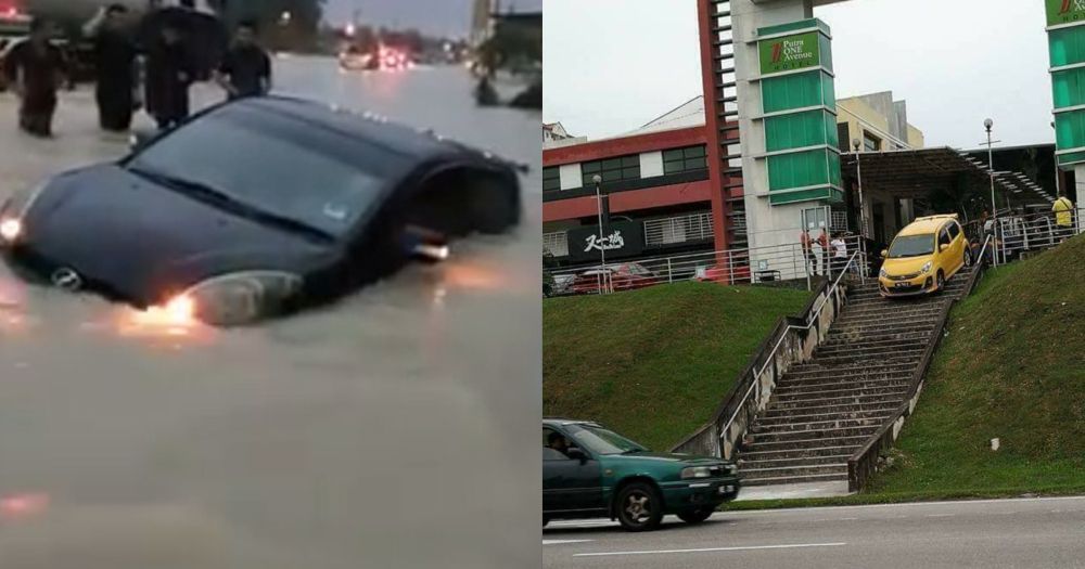 perodua myvi,king,redah banjir,buat hal,turun tangga