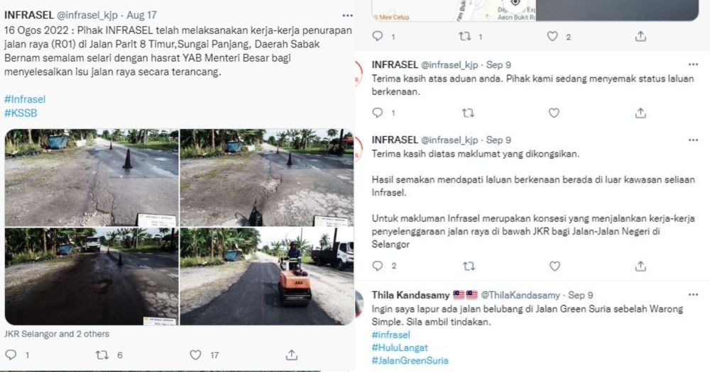 kerosakan jalan raya di selangor,infrasel,twitter