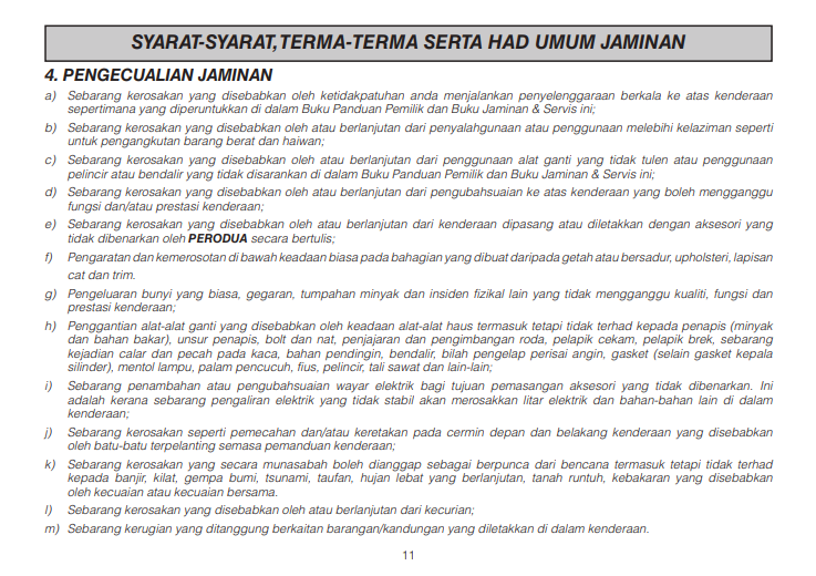 pengecualian waranti,kereta perodua