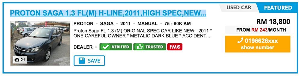 2011 Proton Saga classified listing