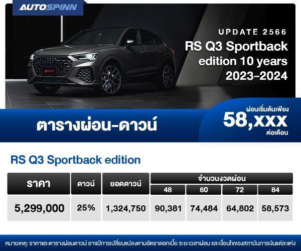 ตารางผ่อน RS Q3 Sportback edition 10 years 2023-2024 เริ่มต้น 58,xxx บาท