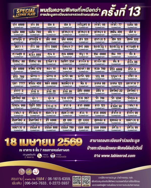 ขนส่งฯ เปิดประมูลเลขทะเบียนหมวดพิเศษ 18 เม.ย.นี้ 2026