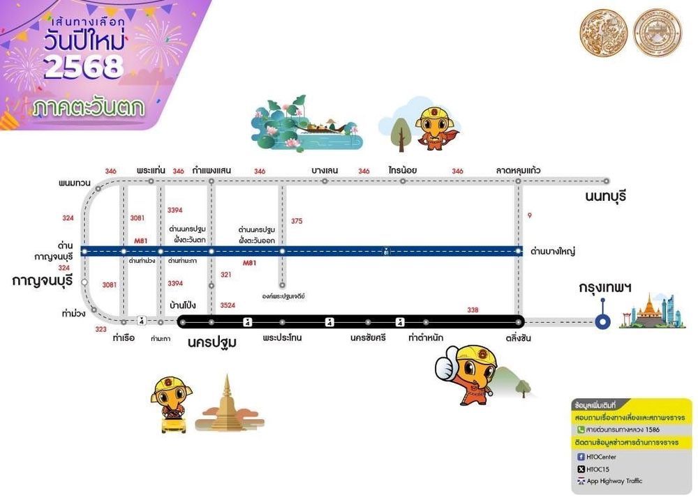 แผนที่เส้นทางกรมทางหลวงออกเดินทางสู่ภาคต่างๆ ของไทย ปีใหม่ 2568 06 ภาคตะวันตก