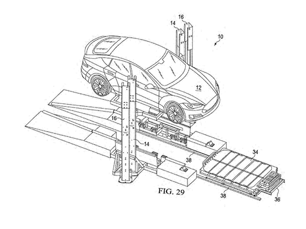 ภาพสิทธิบัตรชี้ Tesla สนใจระบบเปลี่ยนแบตเตอรี่รถพลังไฟฟ้าจริง