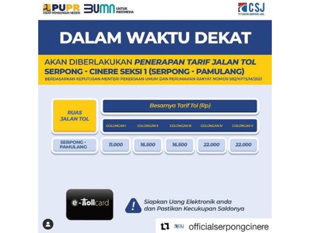 Mulai Tanggal 2 Juni Ruas Jalan Tol Serpong – Cinere Seksi 1 Berbayar