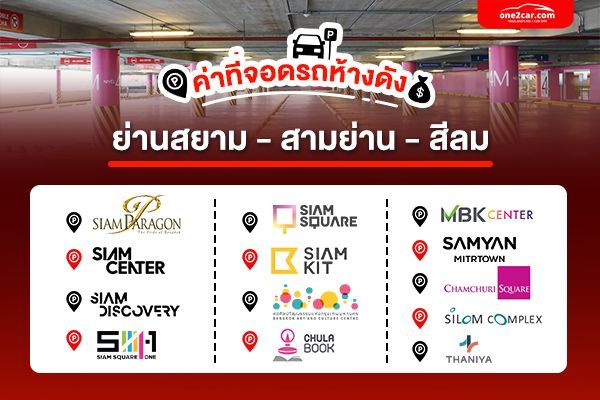 ค่าที่จอดรถสยาม Siam Paragon, Siam Center, Siam Discovery, Siam Square One, Siam Square, Siam Kit, หอศิลป์, อาคารวิทยกิตต์ (ศูนย์หนังสือจุฬา), MBK Center, Samyan Mitrtown, Chamchuri Square, Silom Complex
