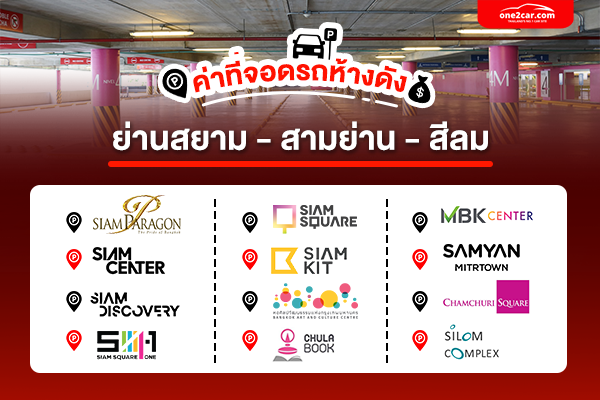 ค่าที่จอดรถสยาม Siam Paragon, Siam Center, Siam Discovery, Siam Square One, Siam Square, Siam Kit, หอศิลป์, อาคารวิทยกิตต์ (ศูนย์หนังสือจุฬา), MBK Center, Samyan Mitrtown, Chamchuri Square, Silom Complex
